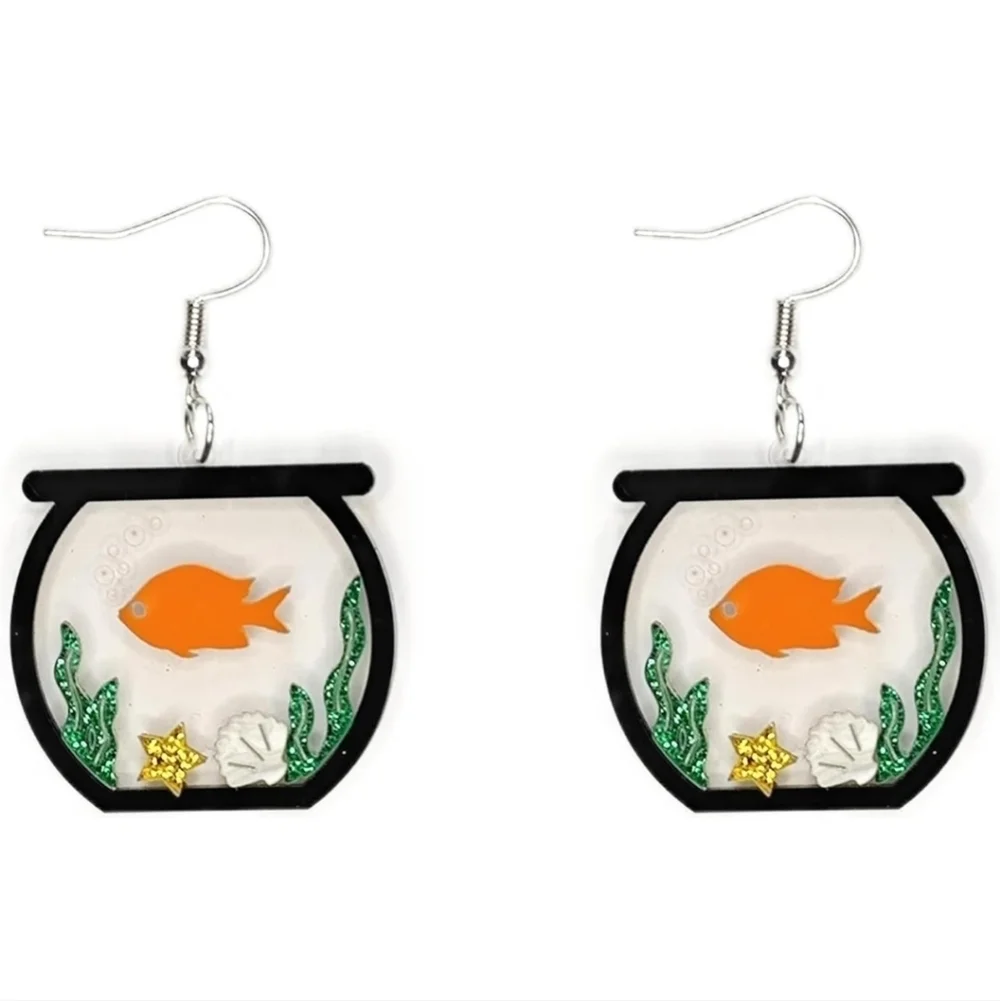 Women’s Jewelry Cute Fish Bowl Dangle Earrings with Orange Fish & Green Seaweed